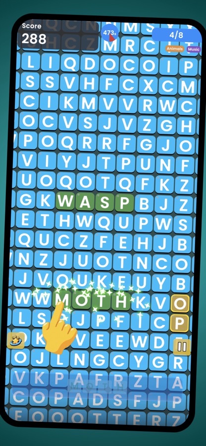 Word Hunt grid with found words highlighted green