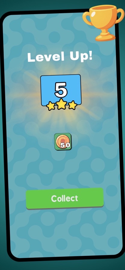 Word Hunt level-up reward screen with three stars